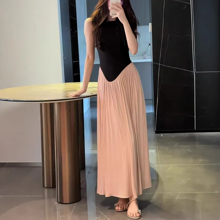 无袖法式圆领拼接夏季新款连衣裙气质时尚拼色A字裙高腰显瘦长裙