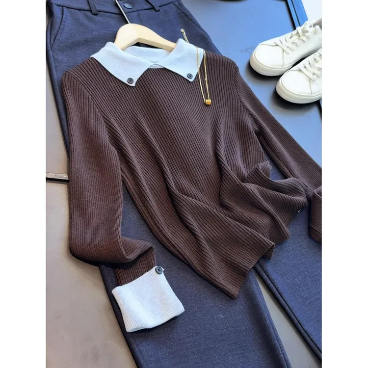 设计款纽扣撞色polo翻领针织衫秋冬新款打底上衣女法式撞色毛衣
