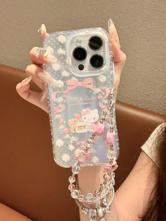 爱心波点小熊KT猫银色双面壳适用苹果16/15/14/13全包防摔手机壳