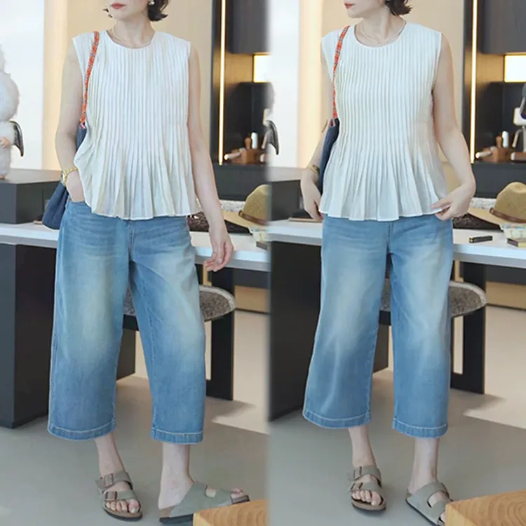 小众休闲套装女2025夏季新款法式压褶无袖衬衫背心阔腿裤子两件套