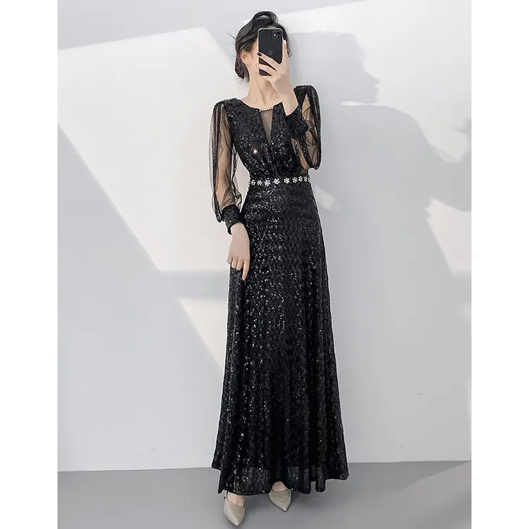 黑色晚礼服裙女2025新款高级感宴会气质重工主持人年会长袖冬高端