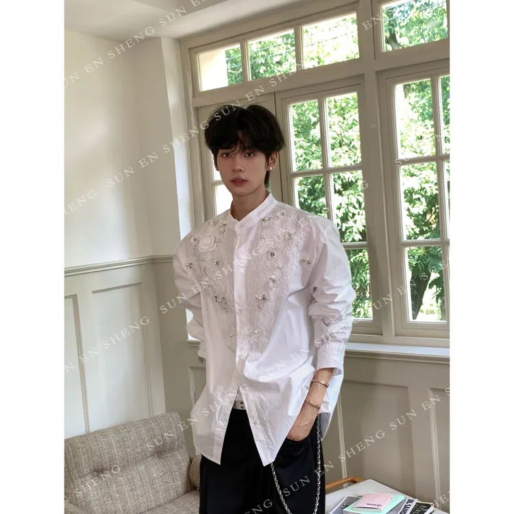 孙恩盛【重工衬衫】韩版手工钉珠立体花朵蕾丝拼接白色男女衬衫外套