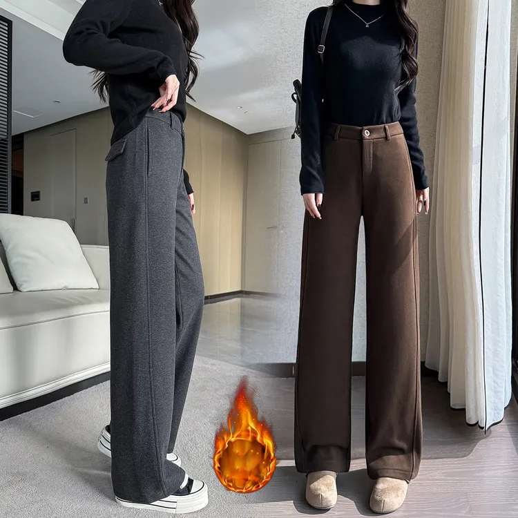 2025小个子秋冬加厚加绒阔腿裤慵懒风高腰休闲裤
