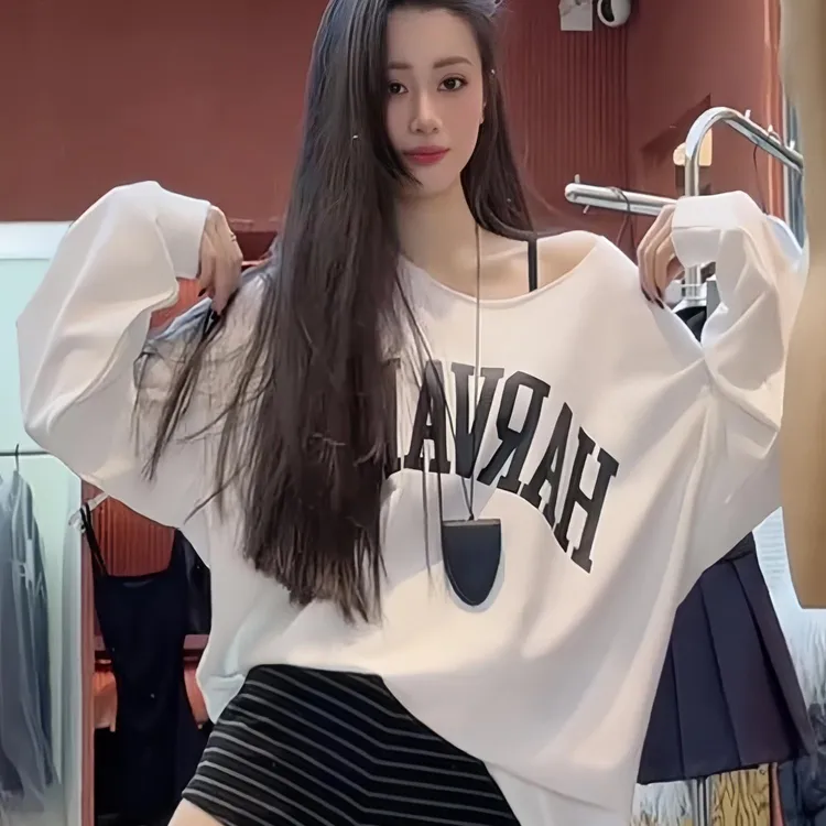 美式慵懒风斜肩字母印花长袖卫衣女2025早秋新款辣妹大版宽松上衣