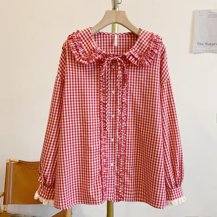 糖果甜心Y3247格纹木耳边全开扣系带娃娃领衬衫
