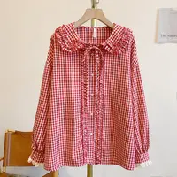 Y3247格纹木耳边全开扣系带娃娃领衬衫