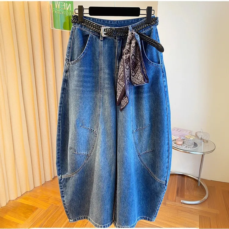 高端欧货2025秋季新款高腰丝巾直筒宽松好看蓝色阔腿牛仔裤女长裤