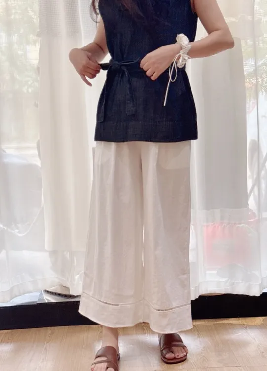 夏季高腰显瘦棉麻镂空阔腿九分直筒休闲女裤