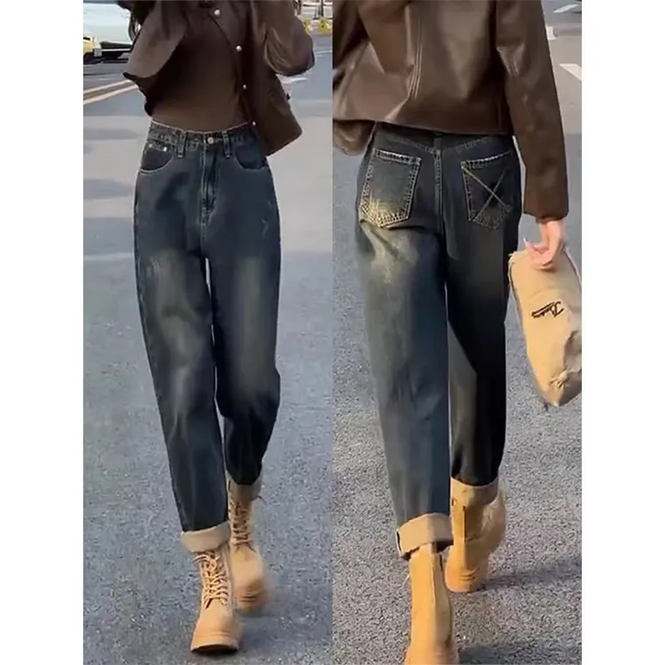 大码老爹哈伦牛仔裤女2025春秋胖mm小个子高腰显瘦直筒萝卜老爹裤