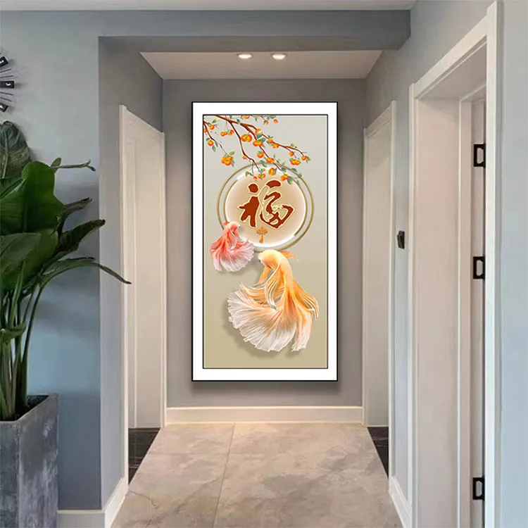 锦鲤正对门入户玄关装饰画客厅过道走廊简约大气高档皮革金箔挂画