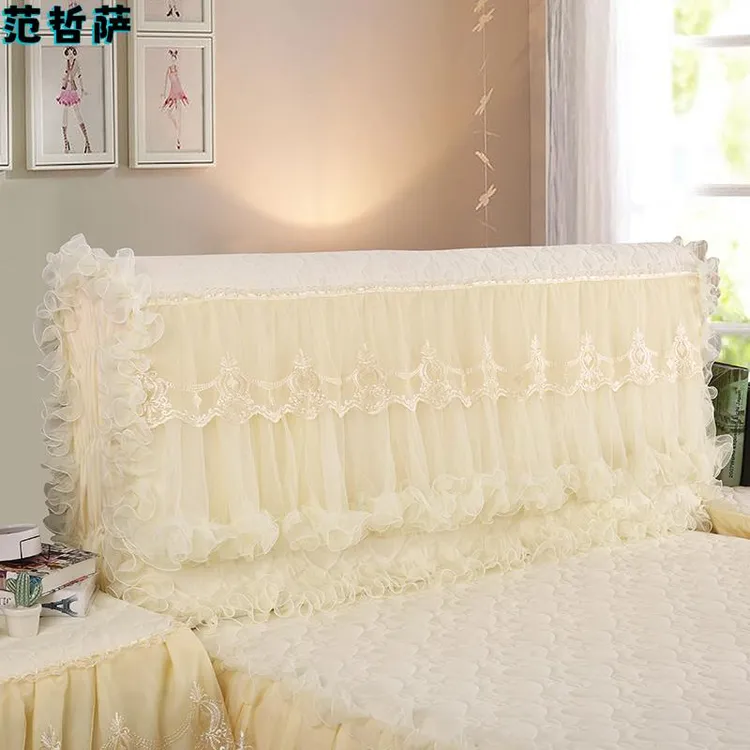 蕾丝刺绣花边全包床头罩夹棉加厚皮床头防尘床包公主风纯色布艺