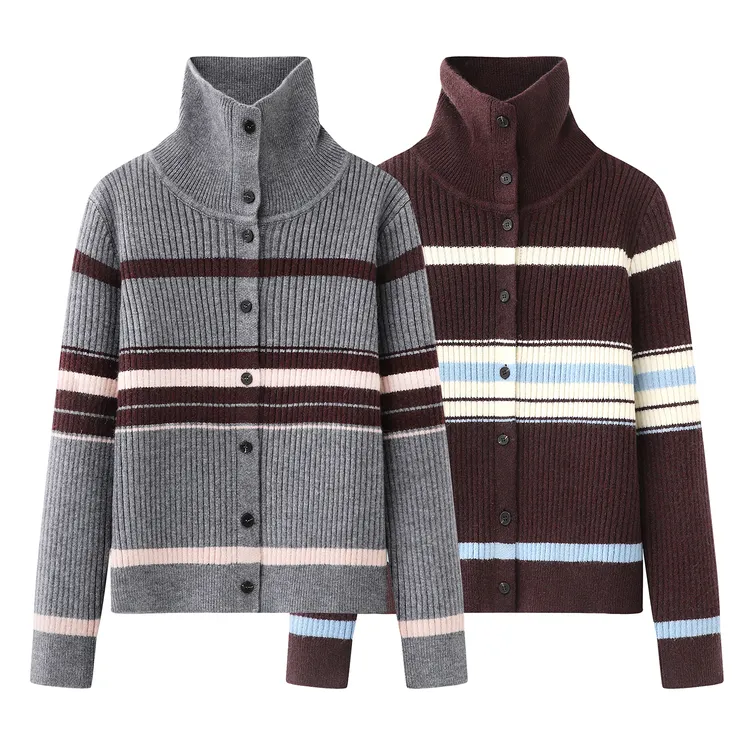 MM轻奢女装2025冬季新款复古撞色条纹半高领针织开衫软糯毛衣0561