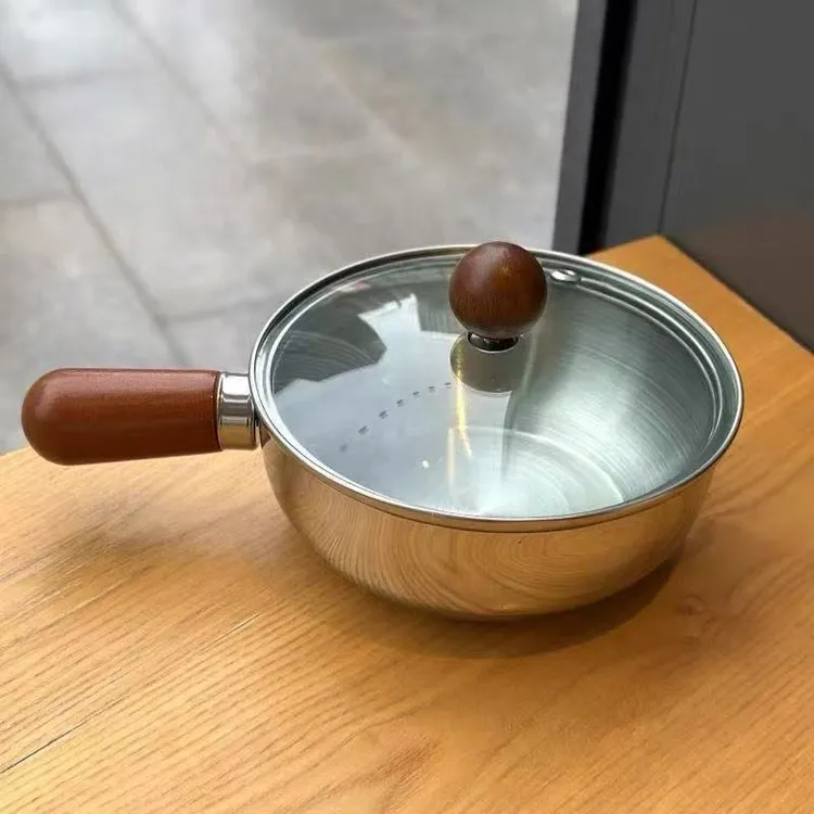不锈钢泡面锅一人食小锅高颜值桃木小吃锅小煮锅宝宝辅食奶锅