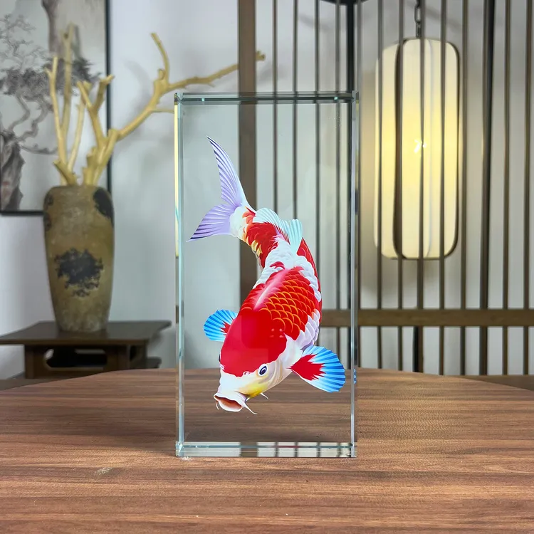 【内雕锦鲤】发光水晶砖摆件装饰品生日礼物酒柜客厅玄关艺术品摆件
