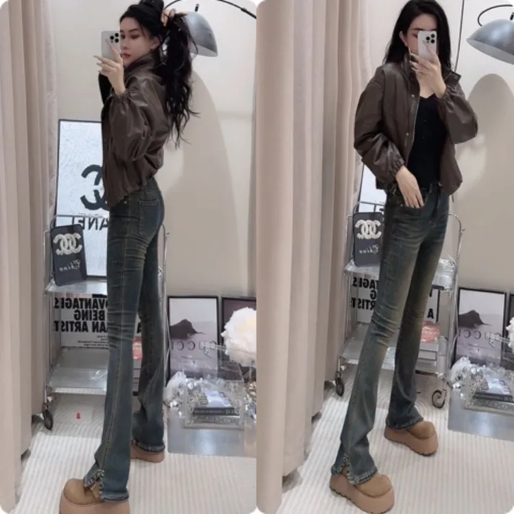 单裤  马蹄裤66627 高弹复古修身显瘦设计感微喇叭裤高弹