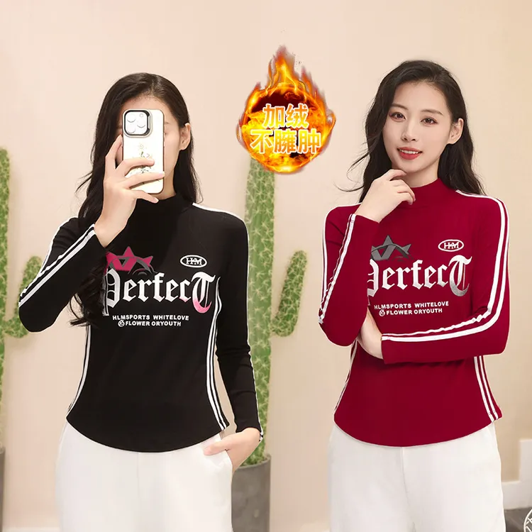 HM秋冬加绒螺纹棉长袖高领潮酷T恤字母