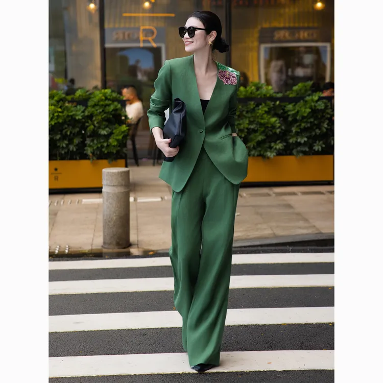 ZEROYK老钱风时尚女装高级感100亚麻订花宽松西服高腰阔腿裤套装