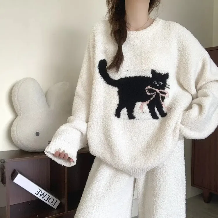 半边绒睡衣女秋冬套装2025新款珊瑚绒网红慵懒加厚加绒保暖家居服