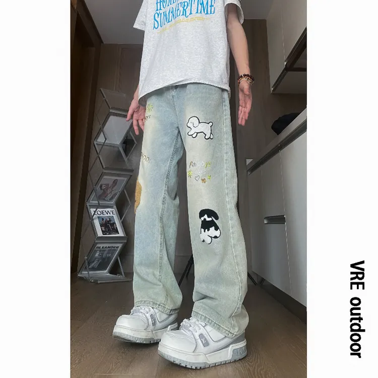 小狗刺绣微喇牛仔裤欧美hiphop炸街裤子男高级感设计感直筒休闲裤
