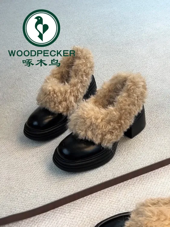 啄木鸟复古气质粗跟小皮鞋女2025秋冬新款厚底加绒保暖英伦风棉鞋