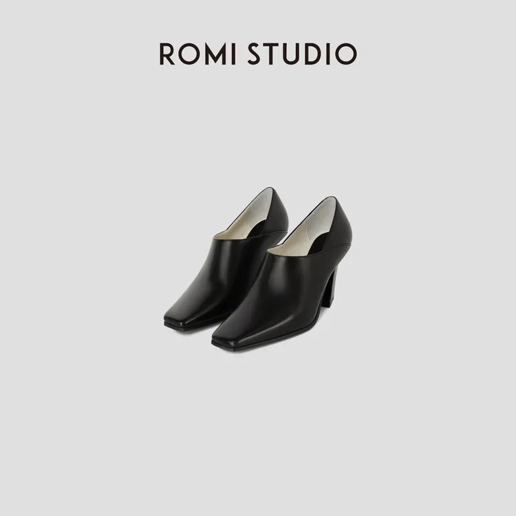 ROMI STUDIO"法式优雅"牛皮拼羊皮方头粗跟高跟鞋RWBLP31638