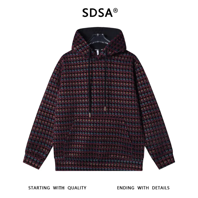 SDSA男士秋冬新款痞帅男装潮牌绒面撞色格子抽绳连帽卫衣百搭时尚