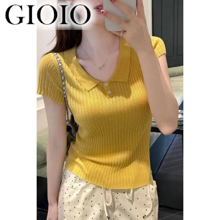 GIOIO翻领时尚风小短袖针织衫夏季减龄透气轻薄千金百搭甜美