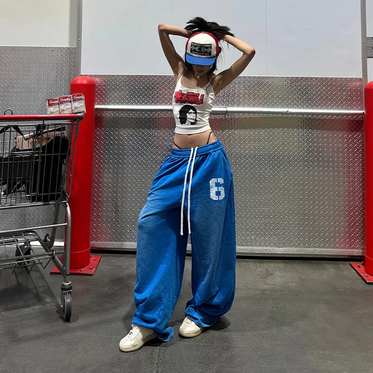 韩好甜WARDEN EDGE 蓝色阔腿裤女小个子宽松垂感休闲长裤抽绳卫裤