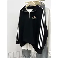 美式潮牌卡通印花设计感POLO领卫衣女冬新款宽松三条杠长袖上衣服
