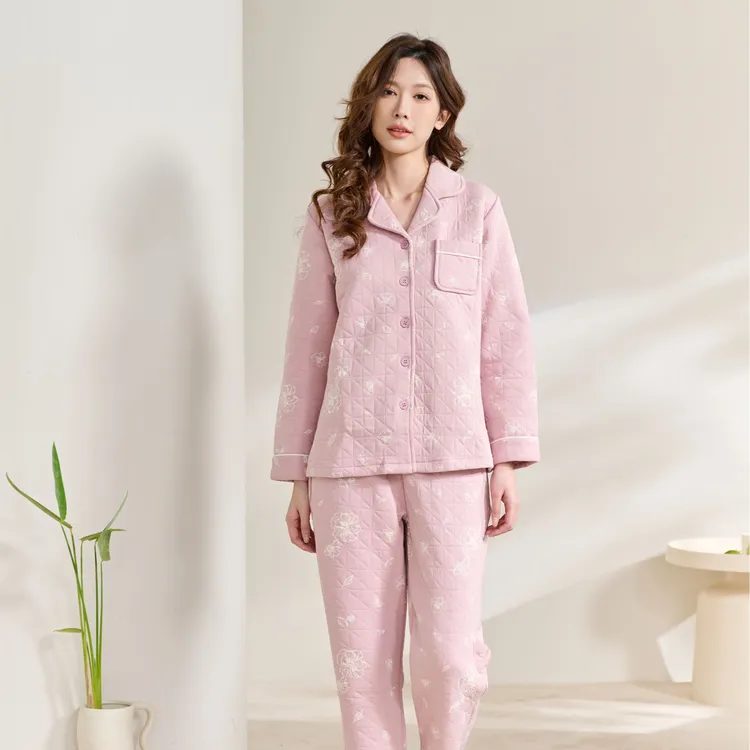 姬玛深秋冬轻暖夹棉保暖夹层纯棉睡衣女长袖印花套装244211