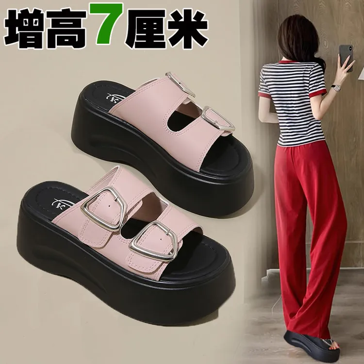 厚底凉拖鞋女外穿2025新款小码时尚百搭松糕坡跟皮带扣一字拖软底