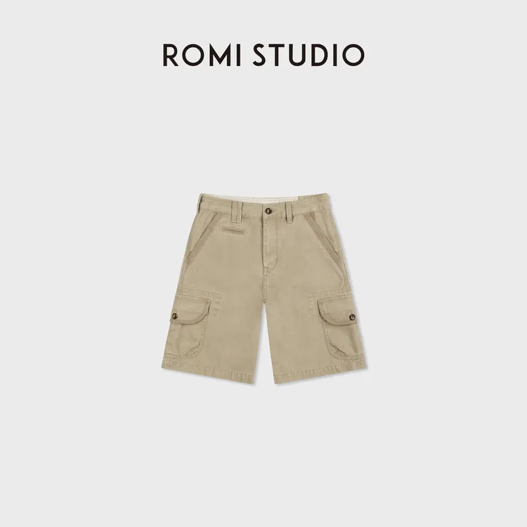 ROMI STUDIO"率性工装"棉质复古做旧卡其工装短裤RWDSX82642