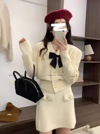 法式秋冬小香风套装蝴蝶结设计针织开衫搭包臀半身短裙时尚两件套