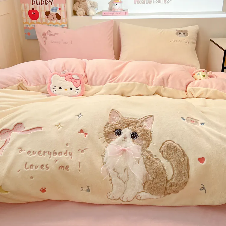 卡通牛奶绒贴布绣四件套立体兔毛绒被套床单床笠秋冬保暖床上用品