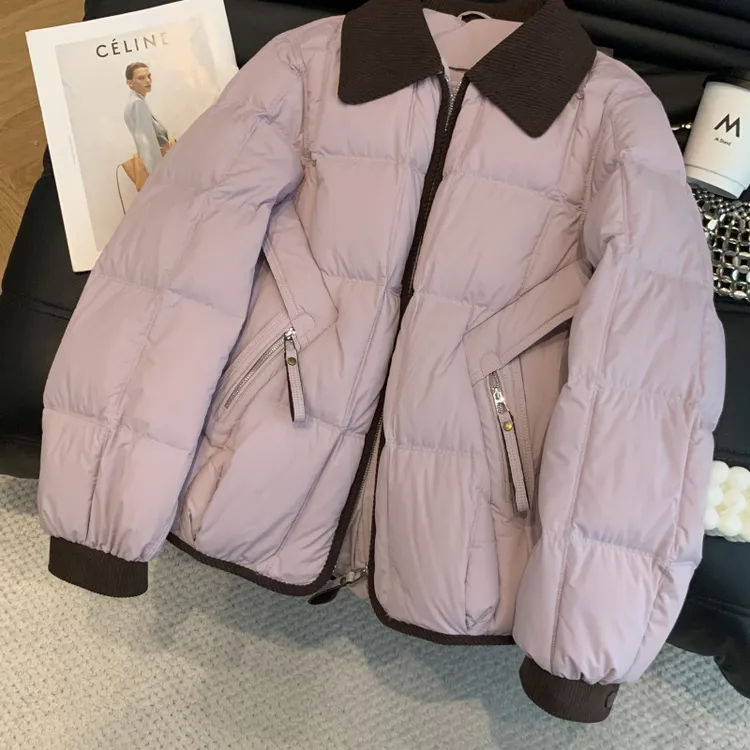 韩系气质拼接撞色翻领棉服女装2025冬装短款宽松加厚保暖外套潮流