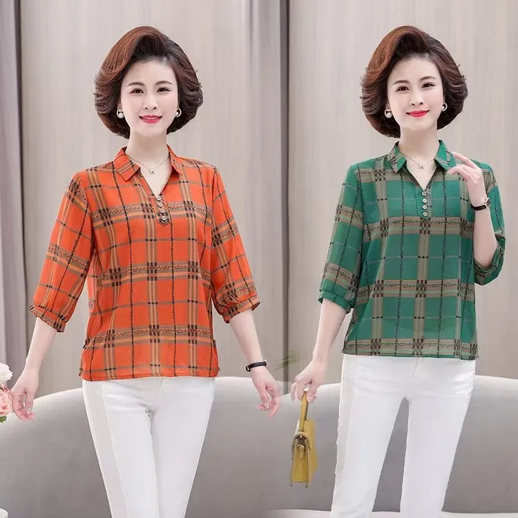 中年妈妈装七分袖翻领花衬衫