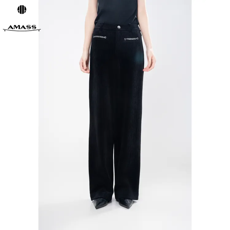 AMASS/阿玛施秋冬新款复古时尚链条装饰雪尼尔直筒休闲裤女510058
