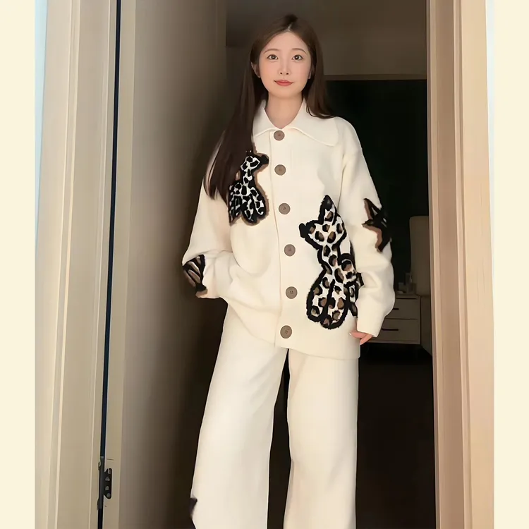 日系甜美黑白针织半边绒睡衣女2025秋冬休闲加绒加厚家居服套装