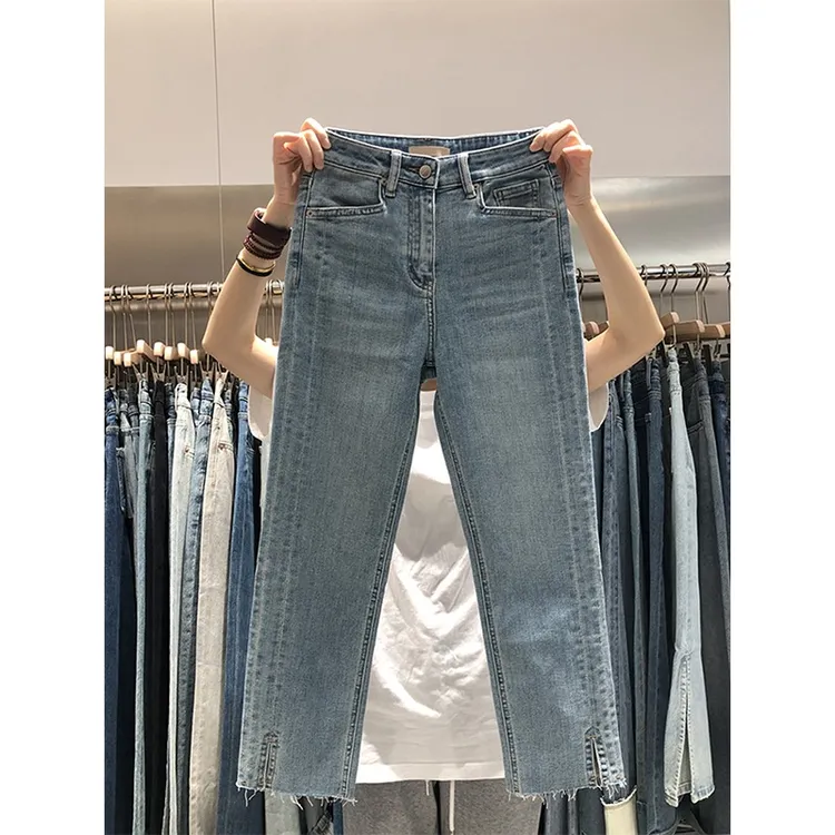 秋冬新款百搭开叉直筒牛仔裤女小个子高腰显瘦弹力烟管裤九分裤