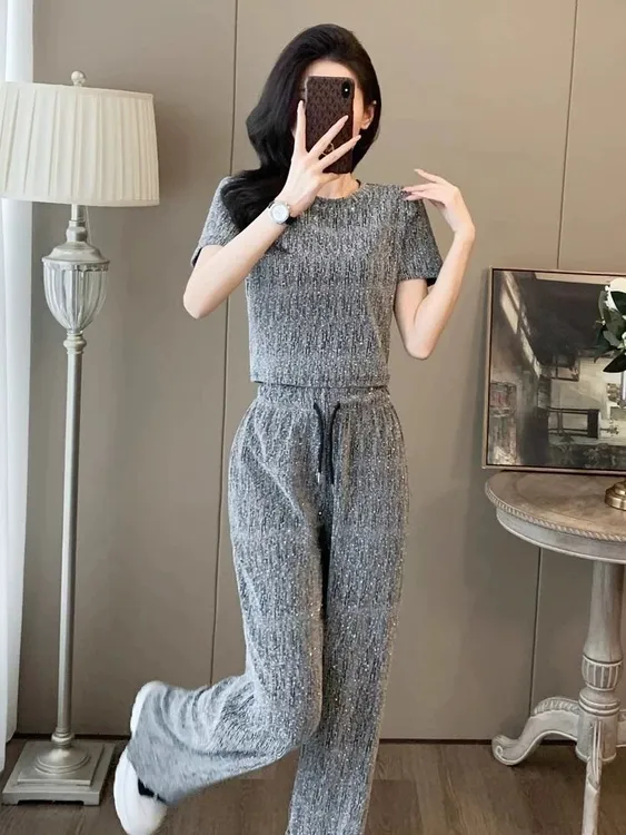 夏季洋气短袖阔腿裤两件套新款修身休闲烫钻潮