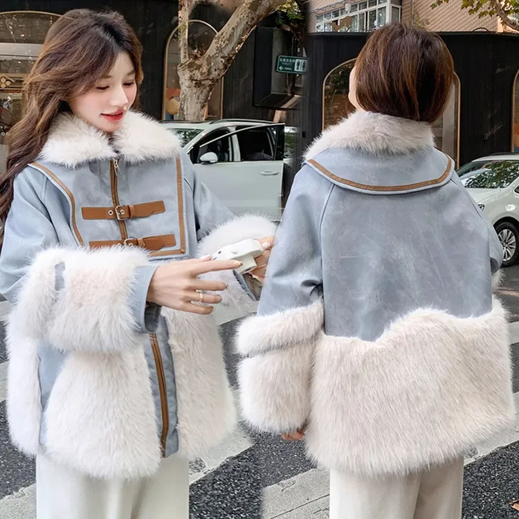 中国风大毛领冬季加厚款拉链皮衣加绒宽松大衣秋冬装仿皮草外套轻