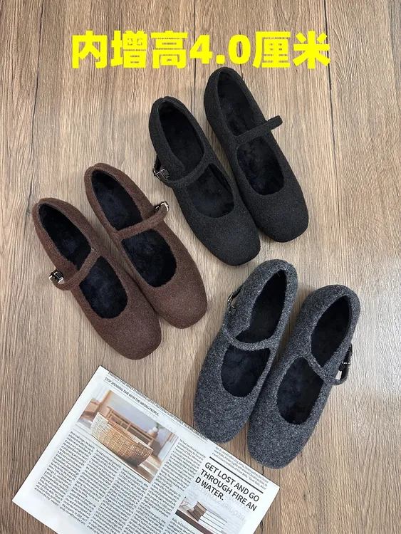 内增高4CM加绒毛呢单鞋棉鞋女秋冬蝴蝶结灰色玛丽珍毛毛鞋