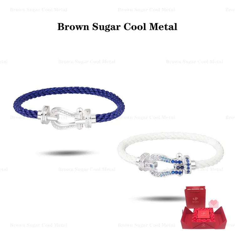 非金属锆石手链 马年马蹄渐变蓝镶钻马蹄扣小众设计情侣编织手绳