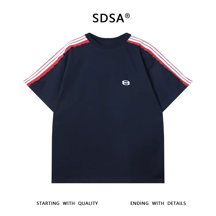 夏季高级感新款美式印花圆领短袖T恤袖子条纹撞色设计百搭上头