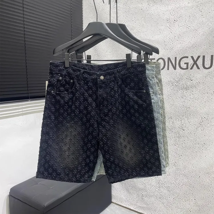 夏季新款提花设计感轻奢潮牌时尚牛仔五分短裤休闲宽松直筒裤男装