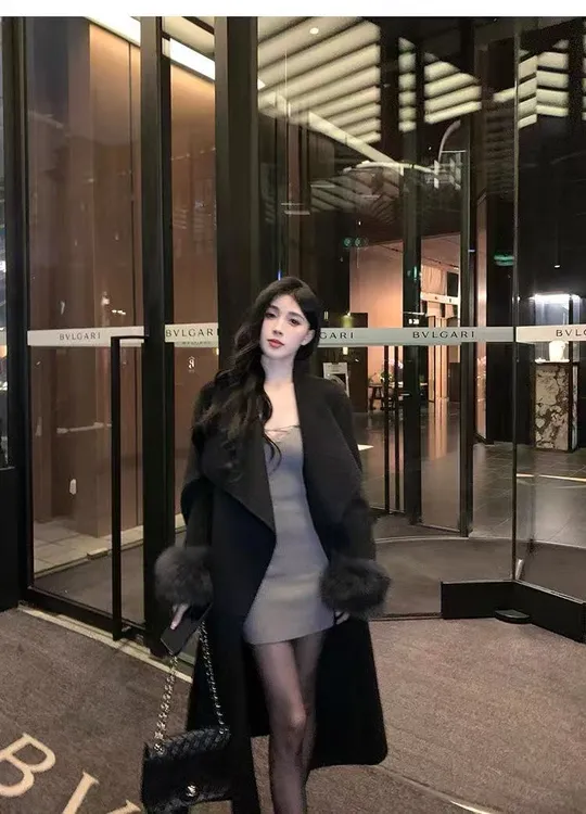 秋冬新款浴袍系带翻领长毛呢外套时尚气质百搭