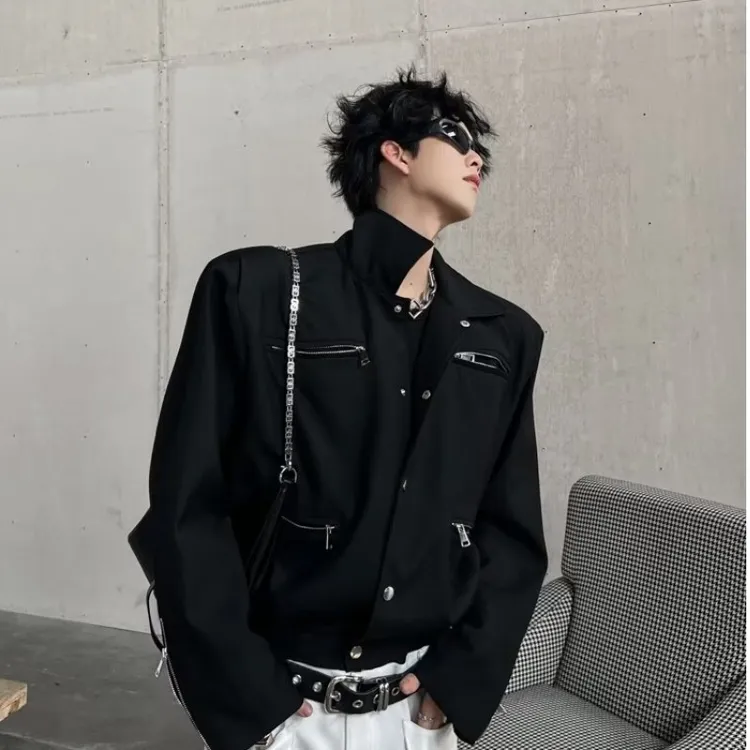 2025爆款潮流暗黑系短款夹克男小众金属拉链设计感痞帅垫肩外套