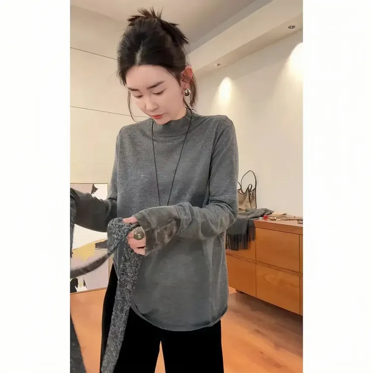 秋冬半高领磨毛莫代尔保暖长袖打底衫女百搭立体丝绒袖口拼接上衣