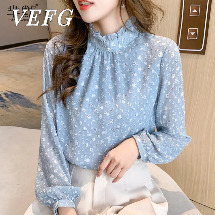 VEFG2025新款秋季植绒立领雪纺衫女长袖法式优雅宽松小衫百搭上衣