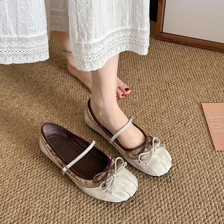 小清新春夏新款内增高5cm~圆头单鞋拼色浅口复古芭蕾舞玛丽珍鞋女